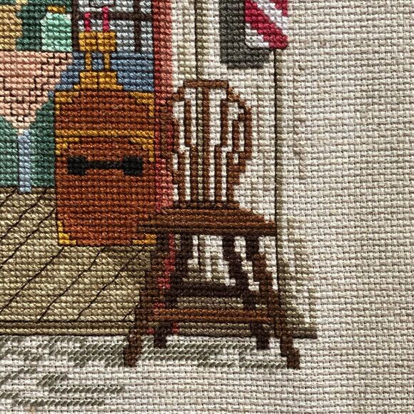 Needlepoint Picture Juells Antiques Shop Vtg Handmade 90 Unframed Cross Stitch - Picture 6 of 9
